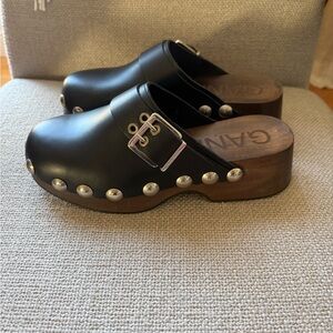 Ganni Black Leather Clogs with Silver Studs, Size 40